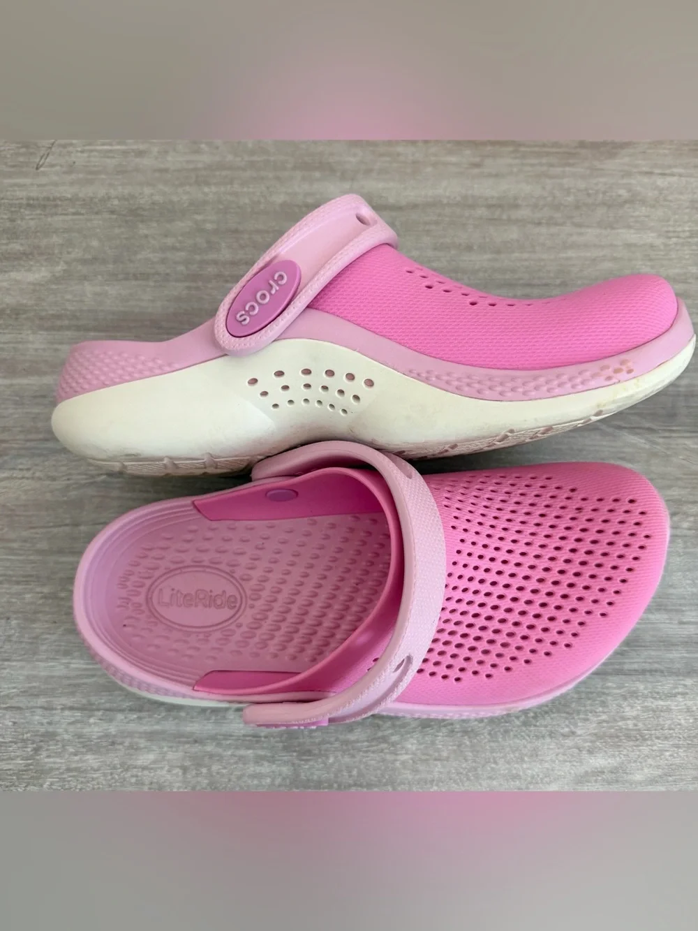 CROCS Kids Pink Ventilated Lite Ride Clogs Shoes Back Strap Traction 2
